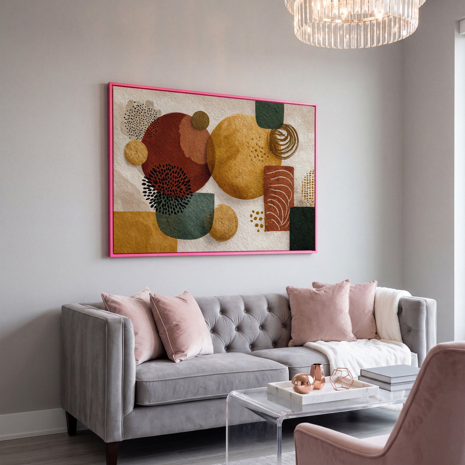Abstract Geometric Shapes Canvas Wall Art, Earth Tones in pink floating frame
