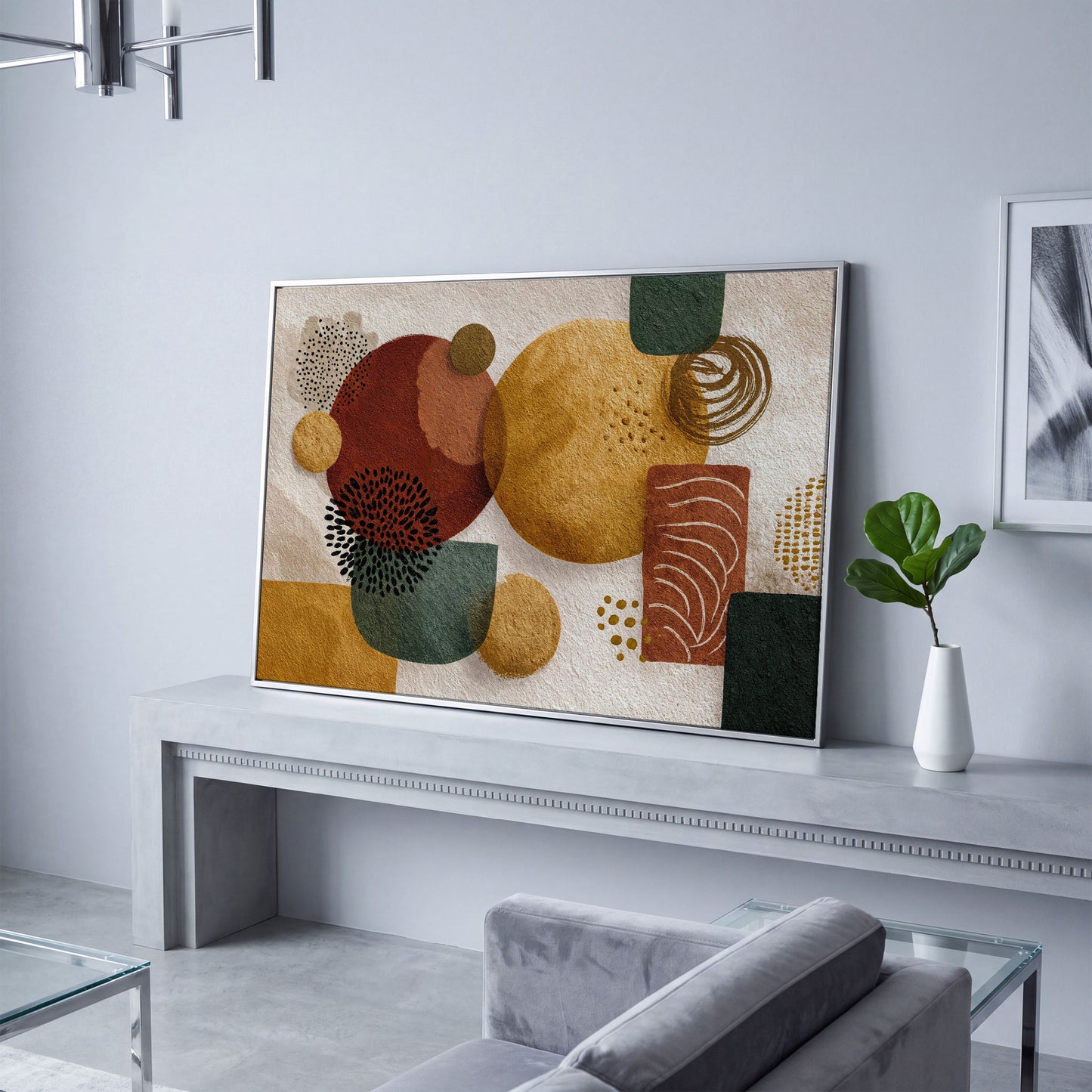 Abstract Geometric Shapes Canvas Wall Art, Earth Tones in silver floating frame