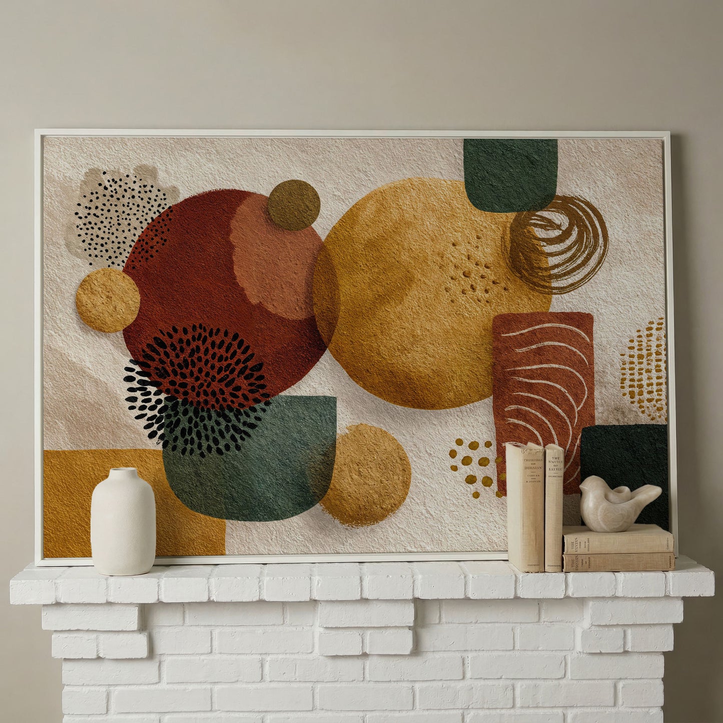 Abstract Geometric Shapes Canvas Wall Art, Earth Tones in white floating frame