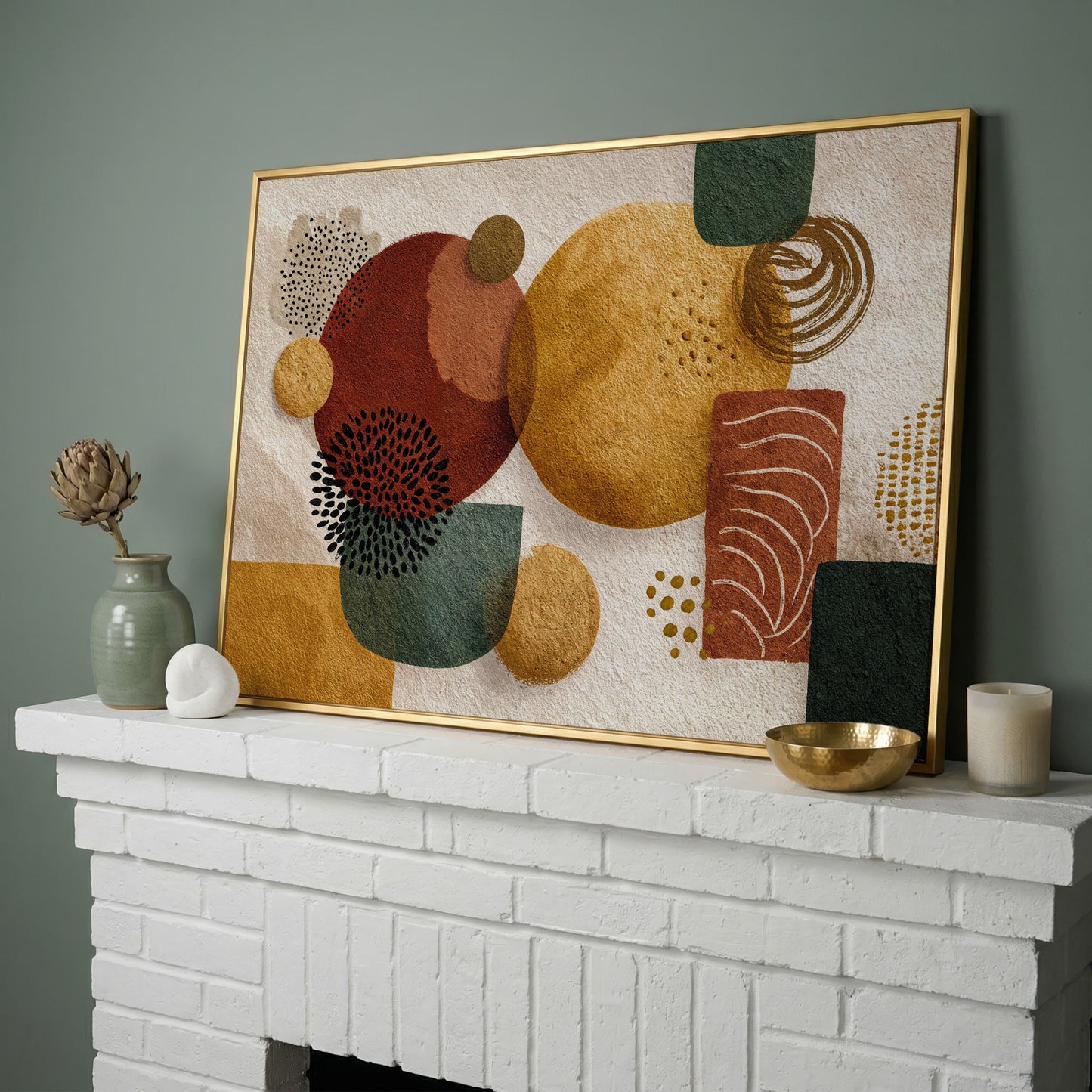 Abstract Geometric Shapes Canvas Wall Art, Earth Tones in yellow gold floating frame