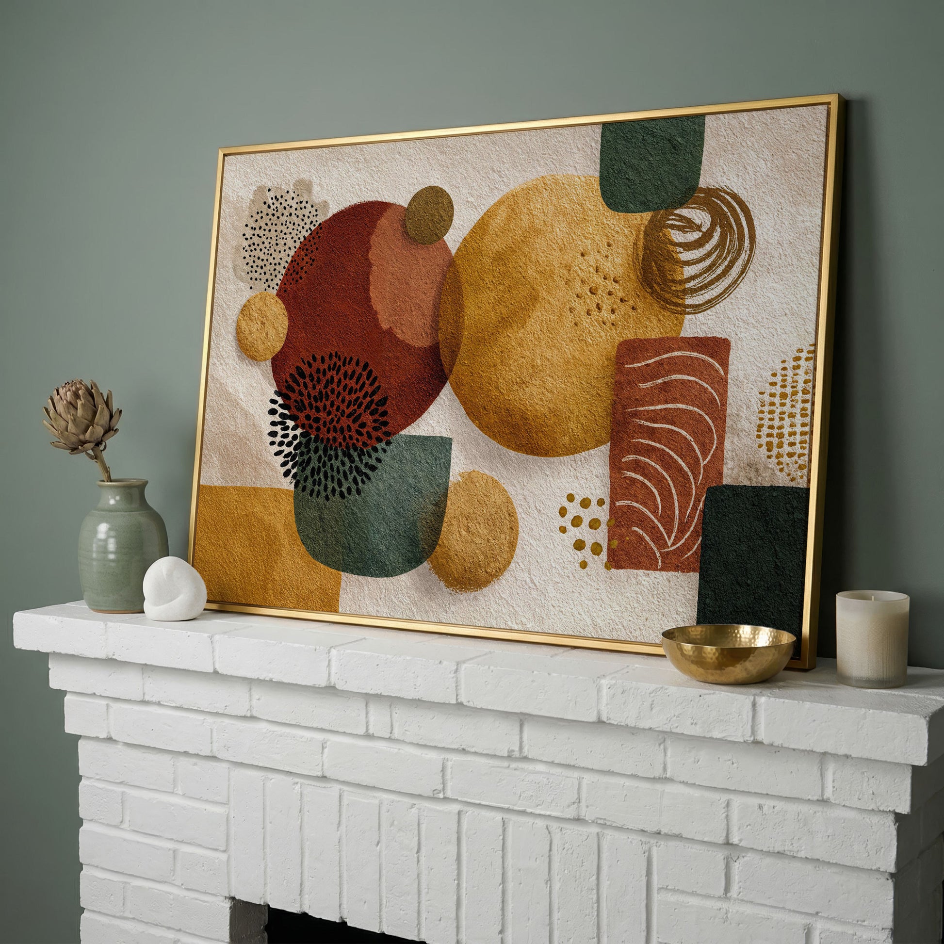 Abstract Geometric Shapes Canvas Wall Art, Earth Tones in yellow gold floating frame