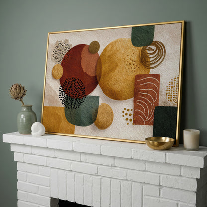 Abstract Geometric Shapes Canvas Wall Art, Earth Tones in yellow gold floating frame