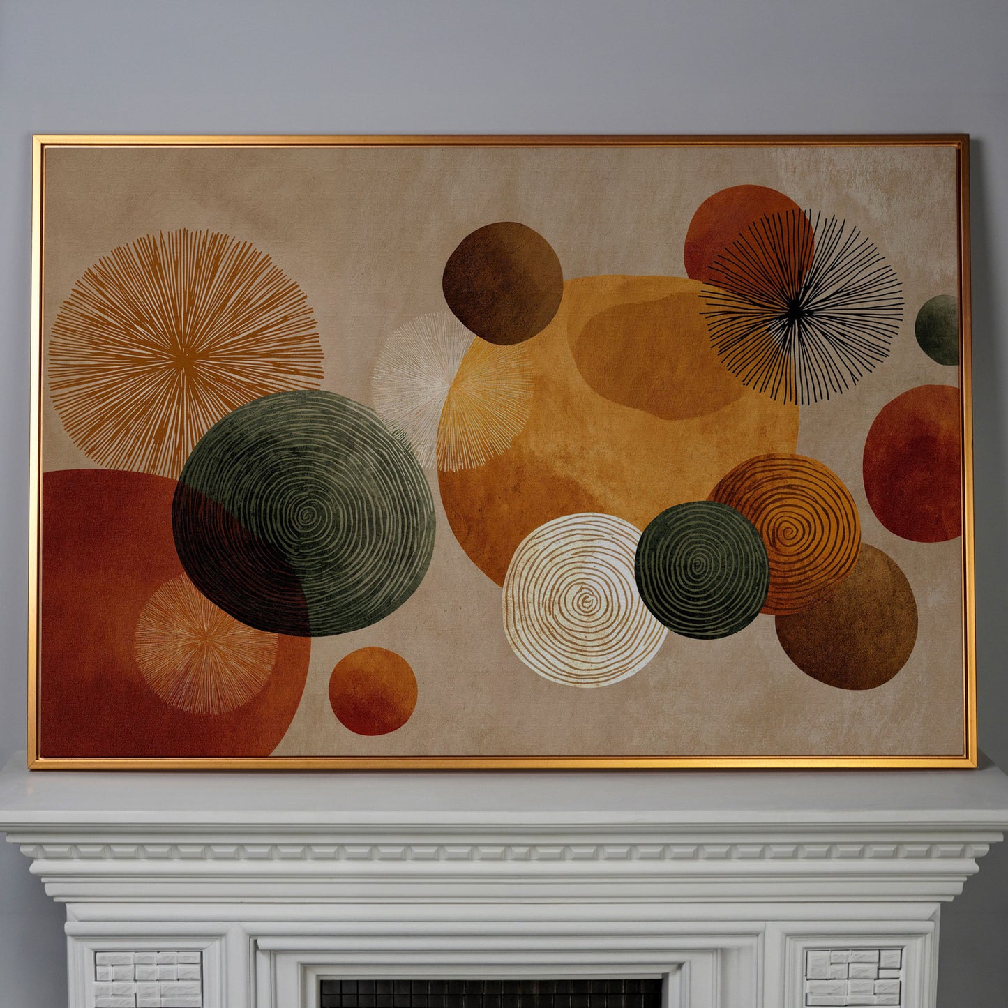 Abstract Circles and Geometric Shapes Canvas Wall Art in antique gold floating frame