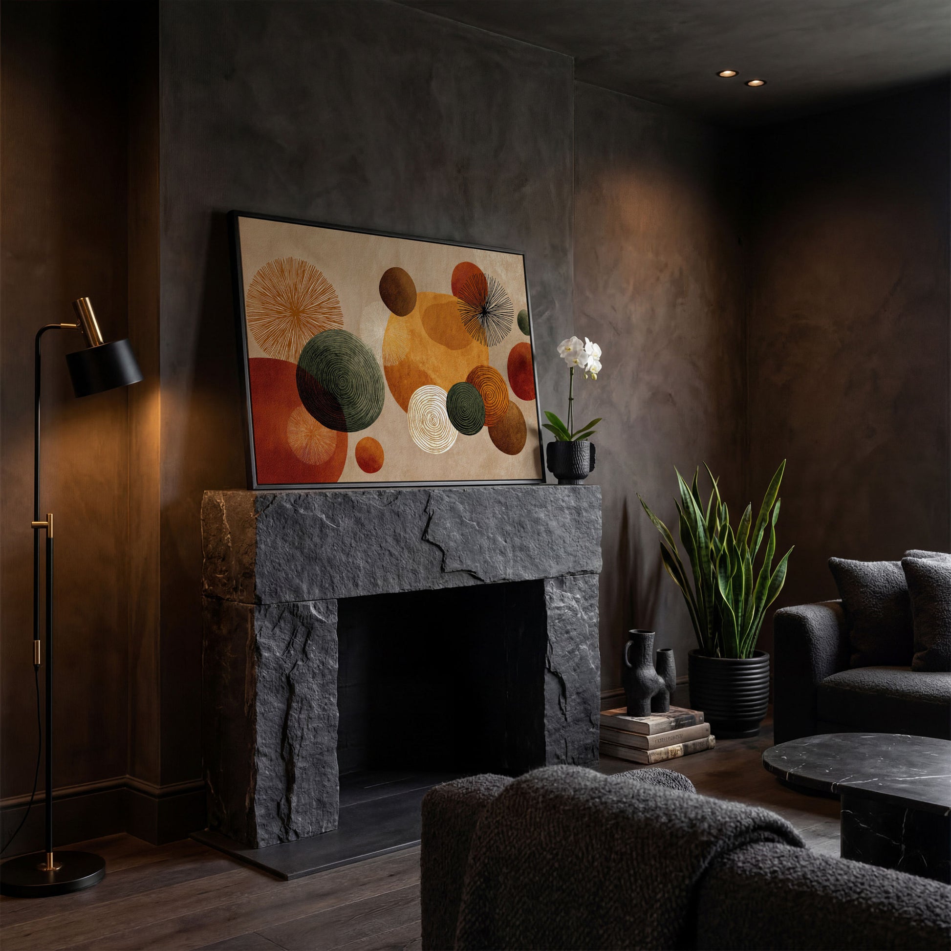 Abstract Circles and Geometric Shapes Canvas Wall Art in black floating frame