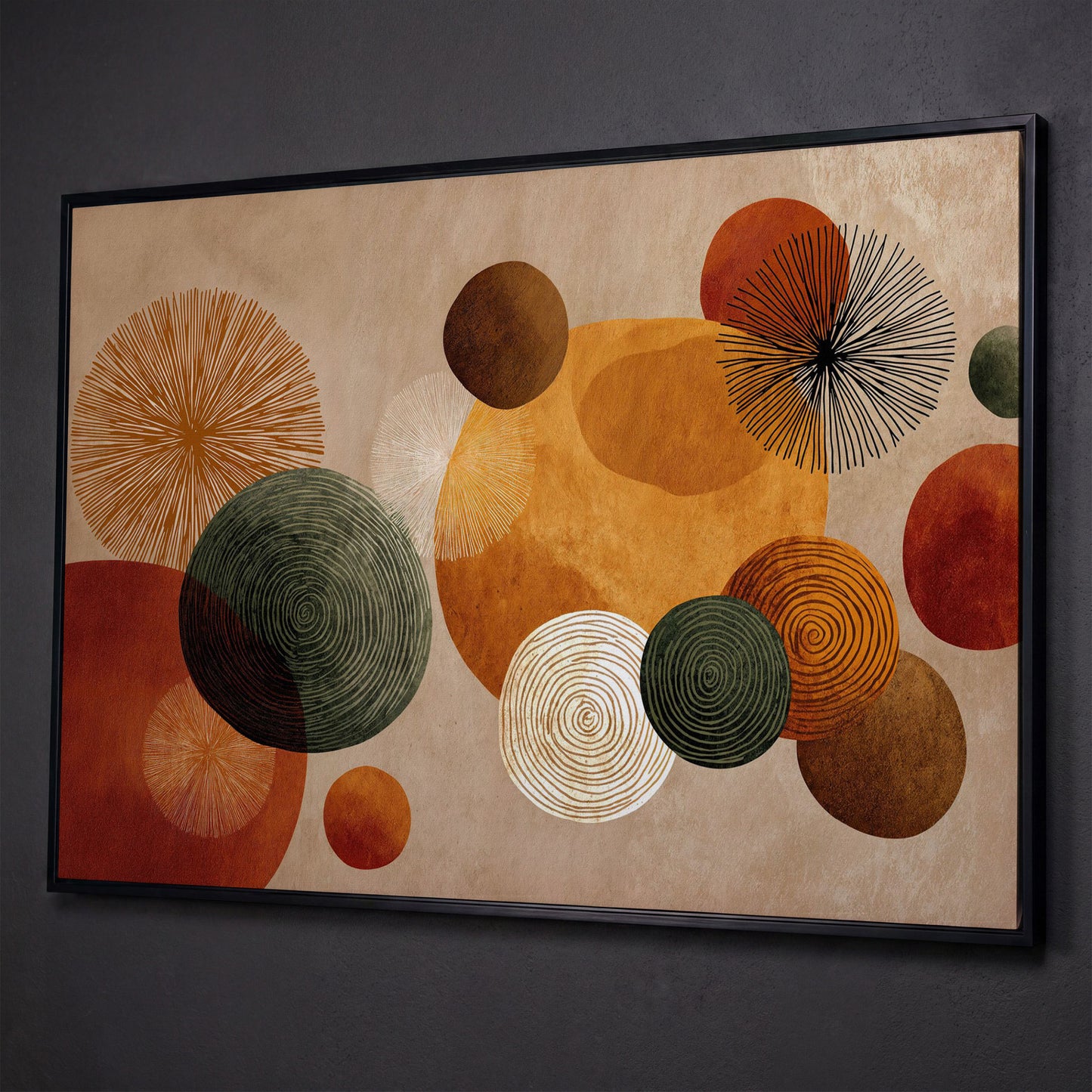 Abstract Circles and Geometric Shapes Canvas Wall Art shown in black floating frame