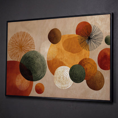 Abstract Circles and Geometric Shapes Canvas Wall Art shown in black floating frame