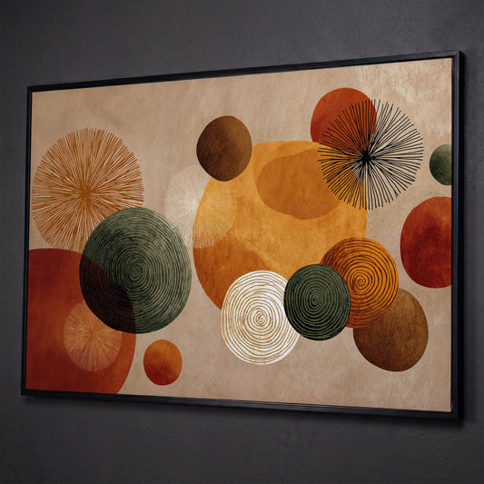 Abstract Circles and Geometric Shapes Canvas Wall Art shown in black floating frame