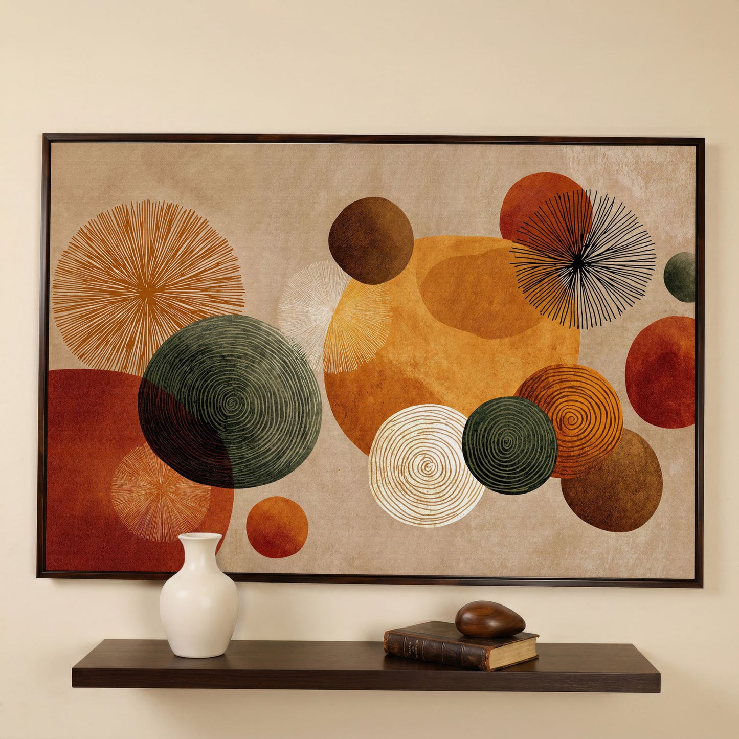 Abstract Circles and Geometric Shapes Canvas Wall Art in dark walnut floating frame