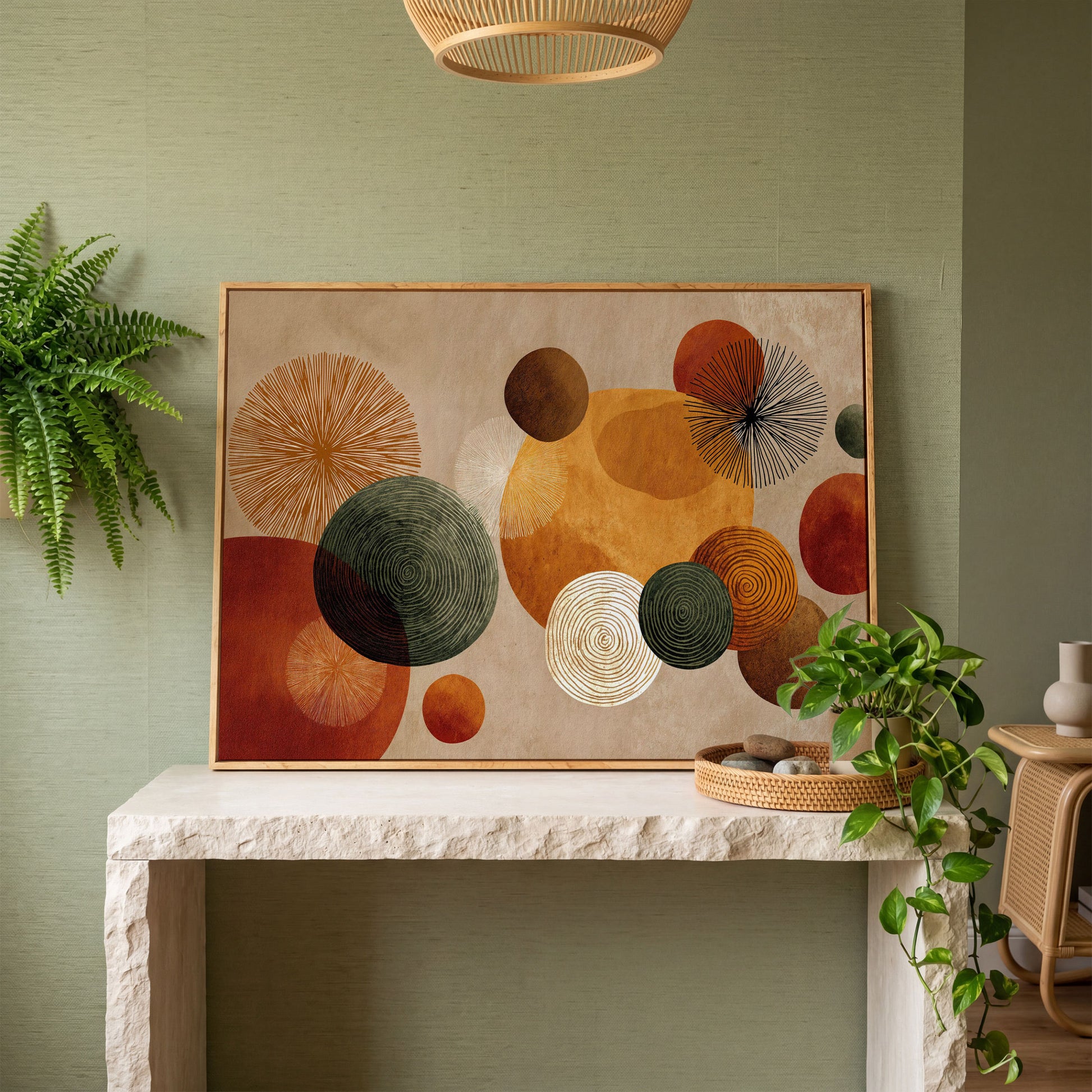 Abstract Circles and Geometric Shapes Canvas Wall Art in white oak floating frame