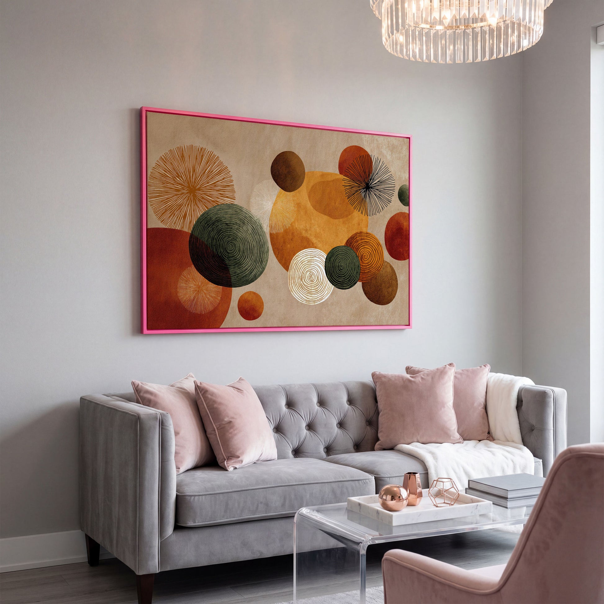 Abstract Circles and Geometric Shapes Canvas Wall Art in pink floating frame