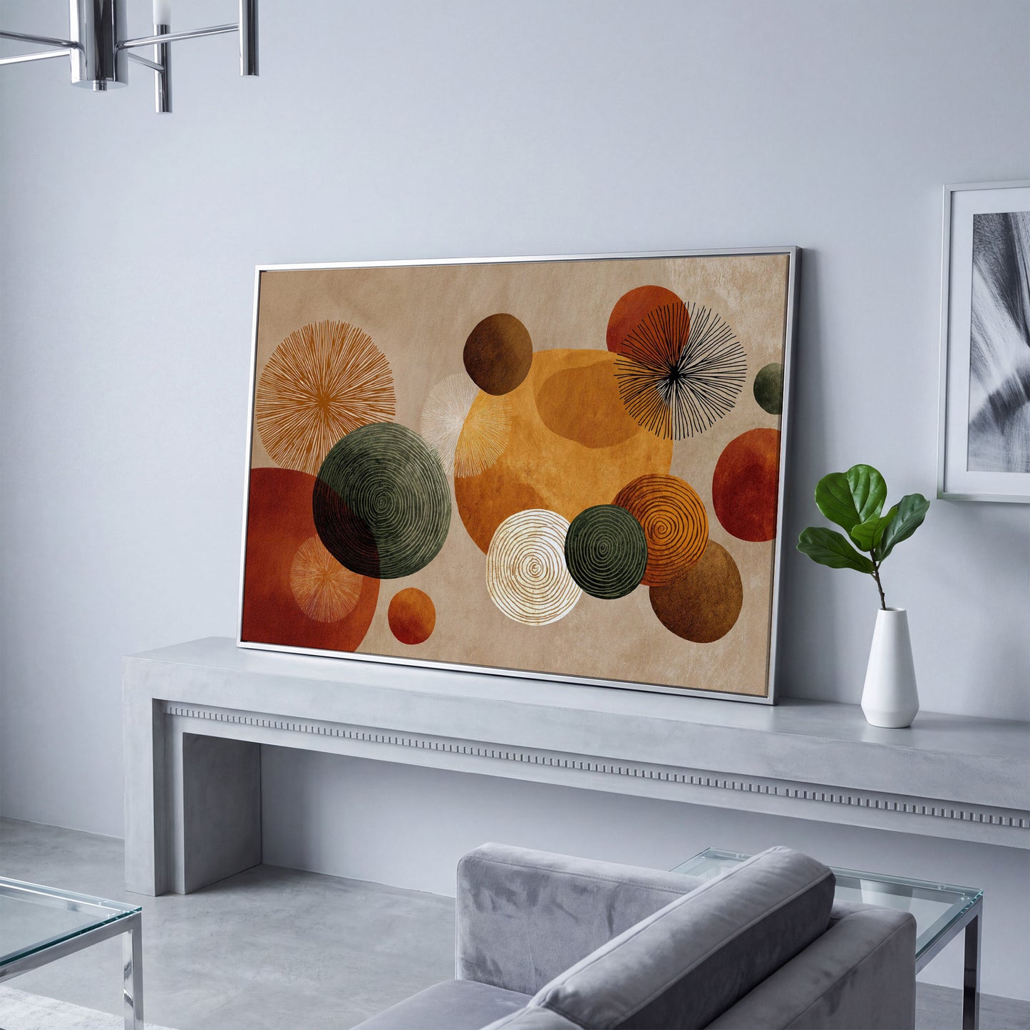 Abstract Circles and Geometric Shapes Canvas Wall Art in silver floating frame