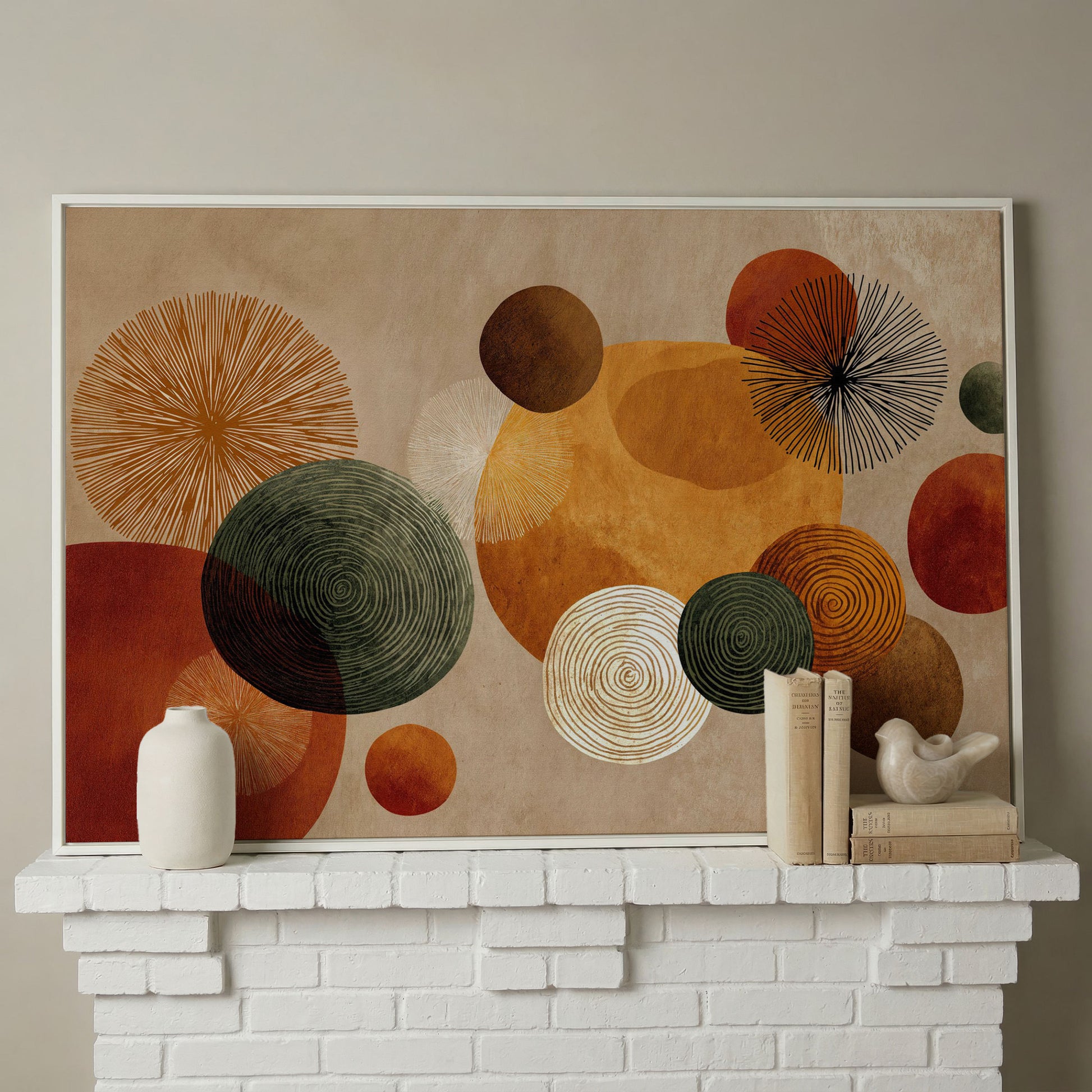 Abstract Circles and Geometric Shapes Canvas Wall Art in white floating frame