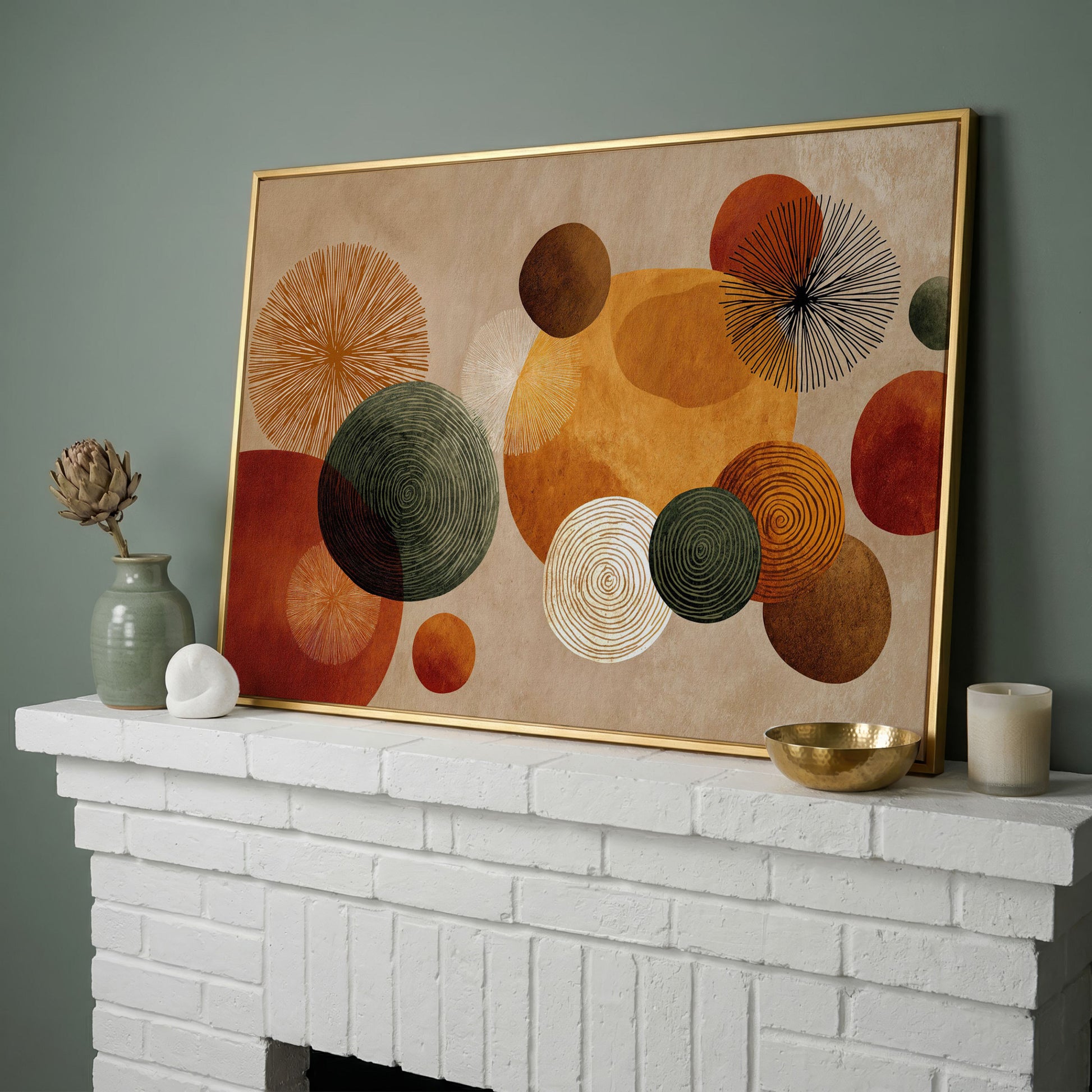 Abstract Circles and Geometric Shapes Canvas Wall Art in yellow gold floating frame