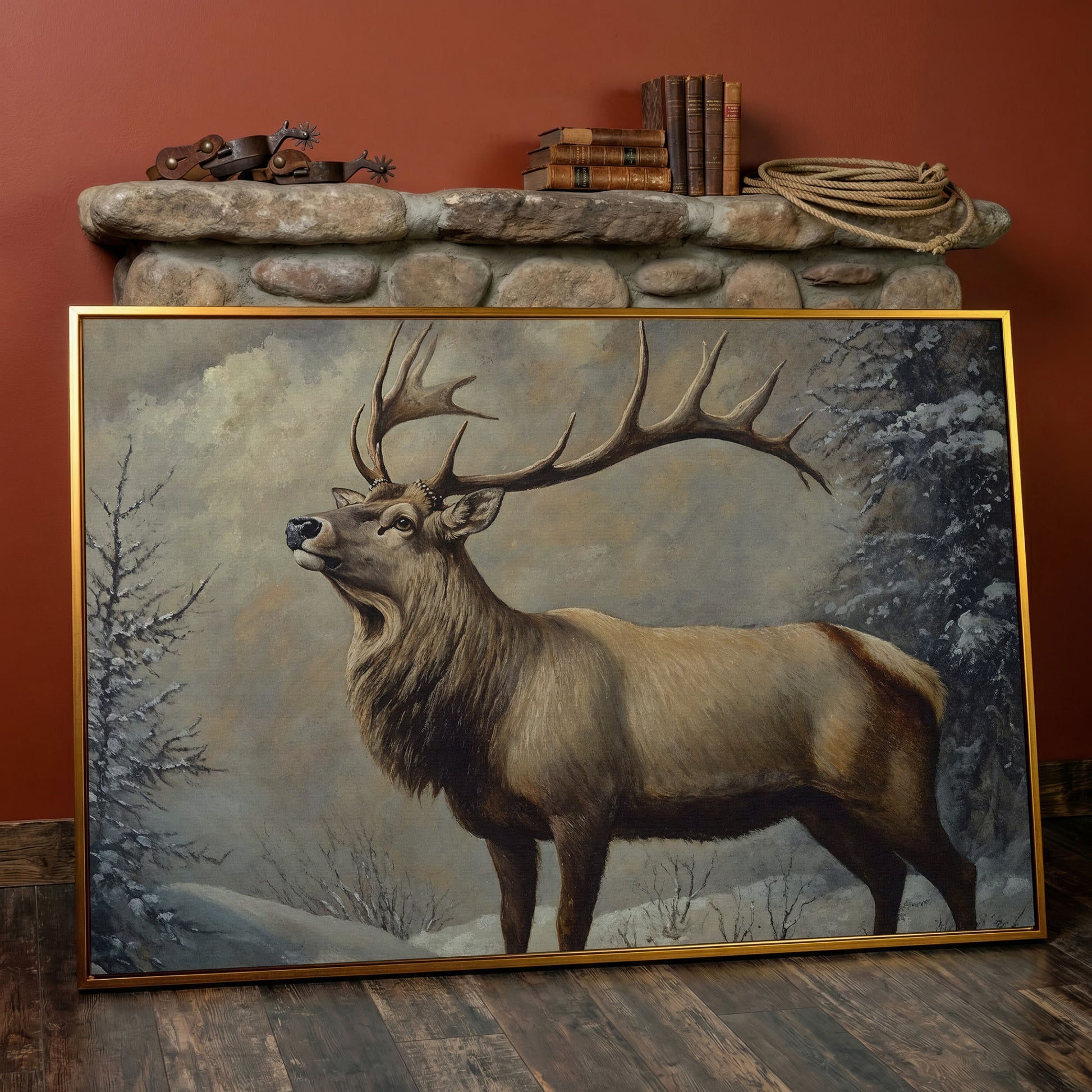Bull Elk in Snow Canvas Wall Art, Wildlife Print for Cabin Decor in antique gold floating frame
