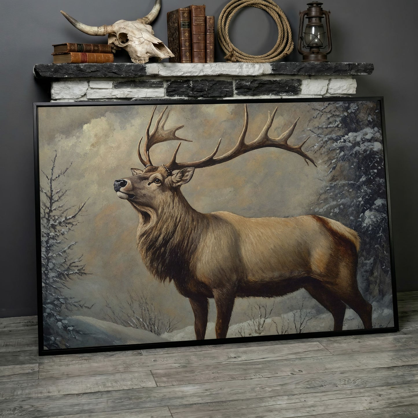 Bull Elk in Snow Canvas Wall Art, Wildlife Print for Cabin Decor in black floating frame
