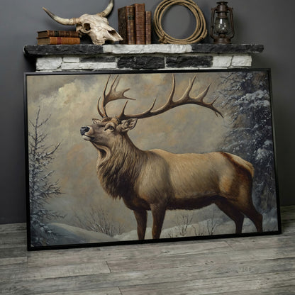 Bull Elk in Snow Canvas Wall Art, Wildlife Print for Cabin Decor in black floating frame