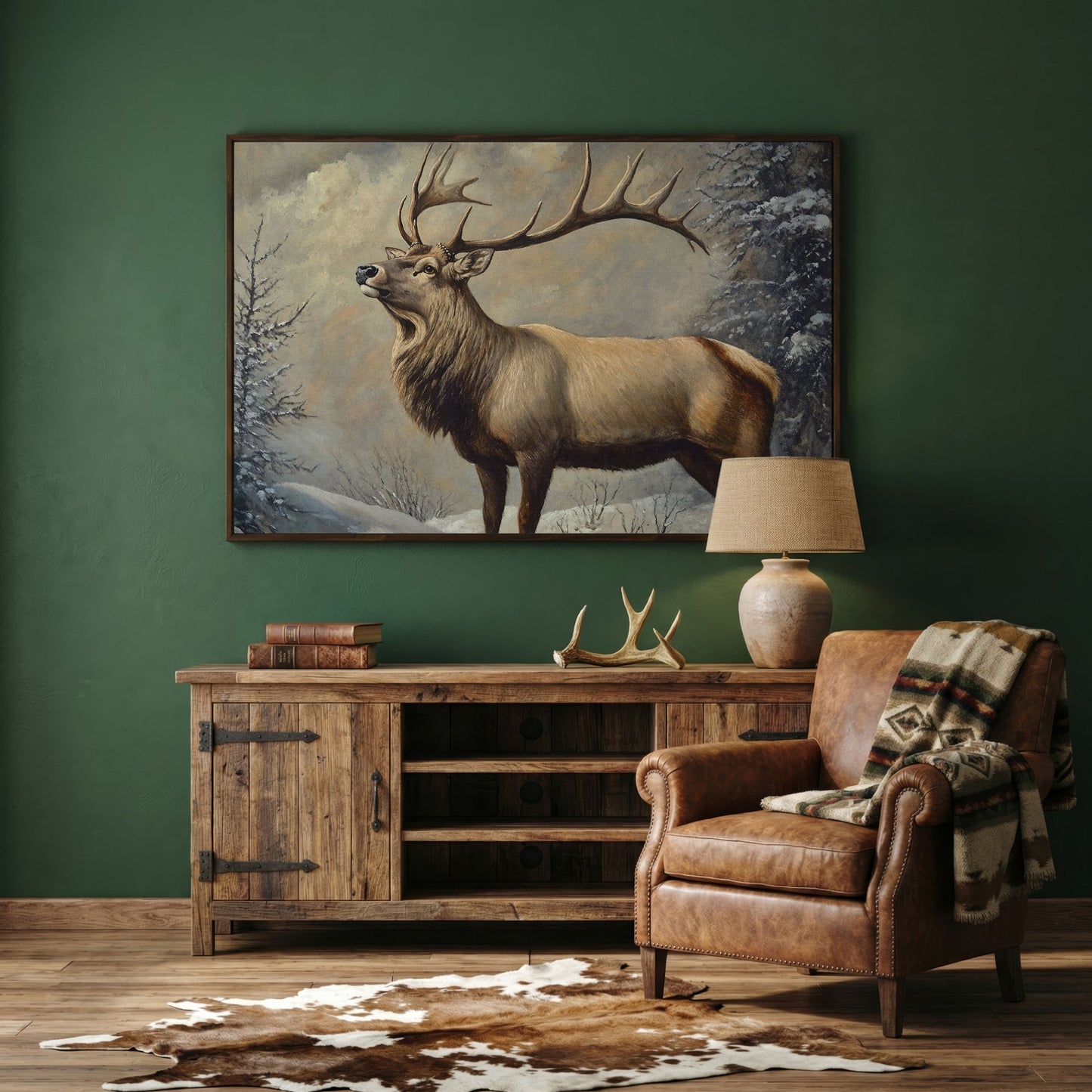 Bull Elk in Snow Canvas Wall Art, Wildlife Print for Cabin Decor in dark walnut floating frame