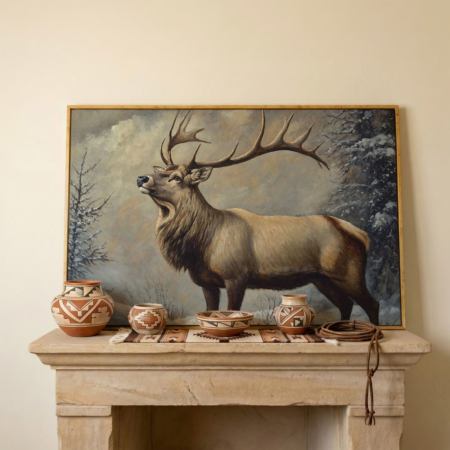Bull Elk in Snow Canvas Wall Art, Wildlife Print for Cabin Decor in white oak floating frame
