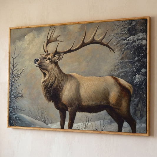 Bull Elk in Snow Canvas Wall Art, Wildlife Print for Cabin Decor shown in white oak floating frame