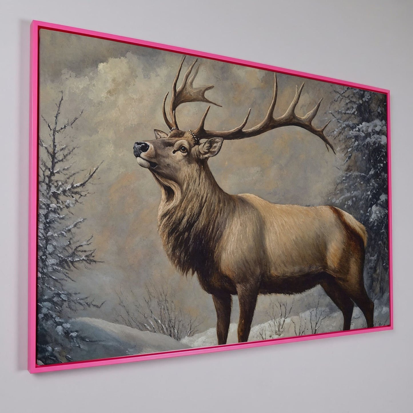 Bull Elk in Snow Canvas Wall Art, Wildlife Print for Cabin Decor in pink floating frame