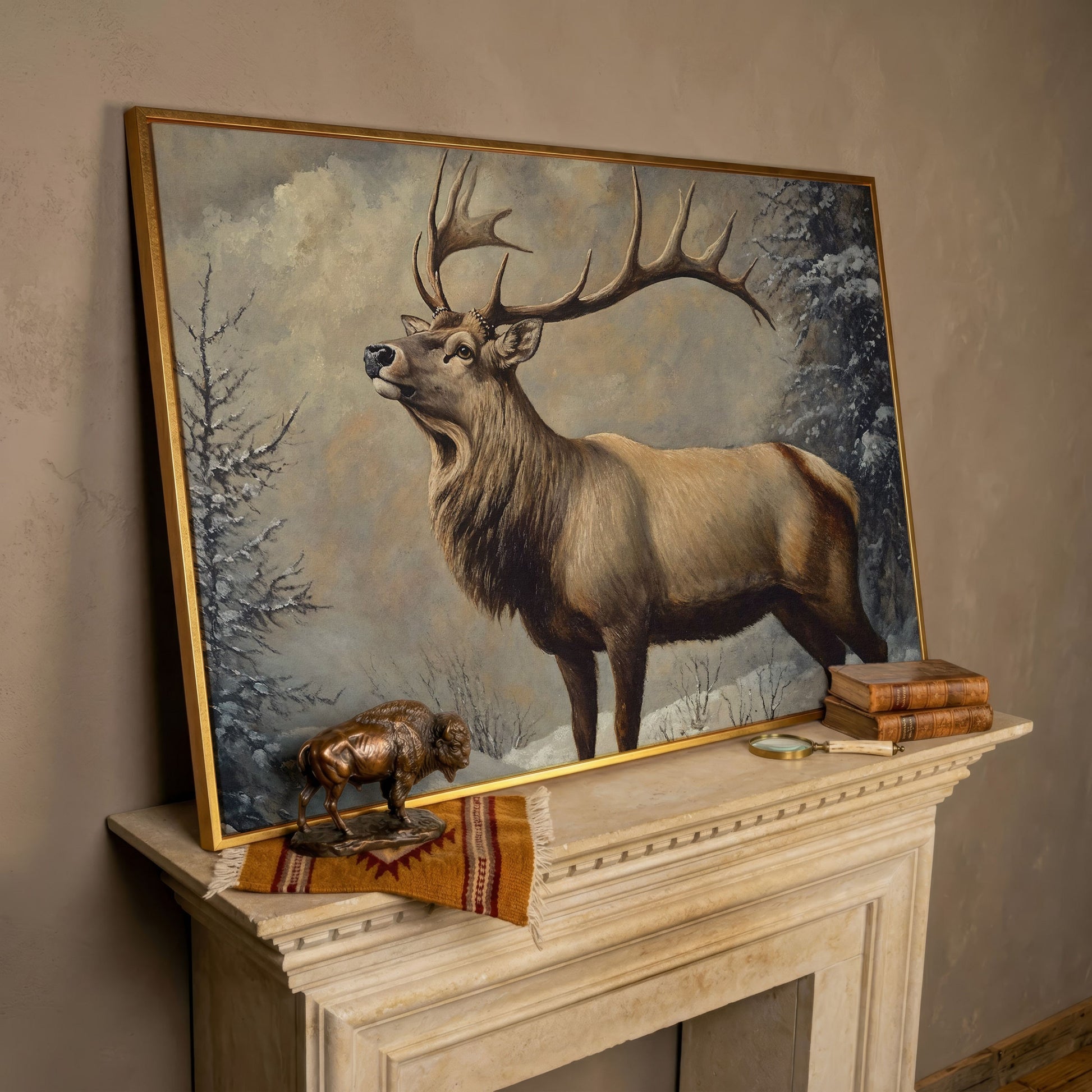 Bull Elk in Snow Canvas Wall Art, Wildlife Print for Cabin Decor in rose gold floating frame