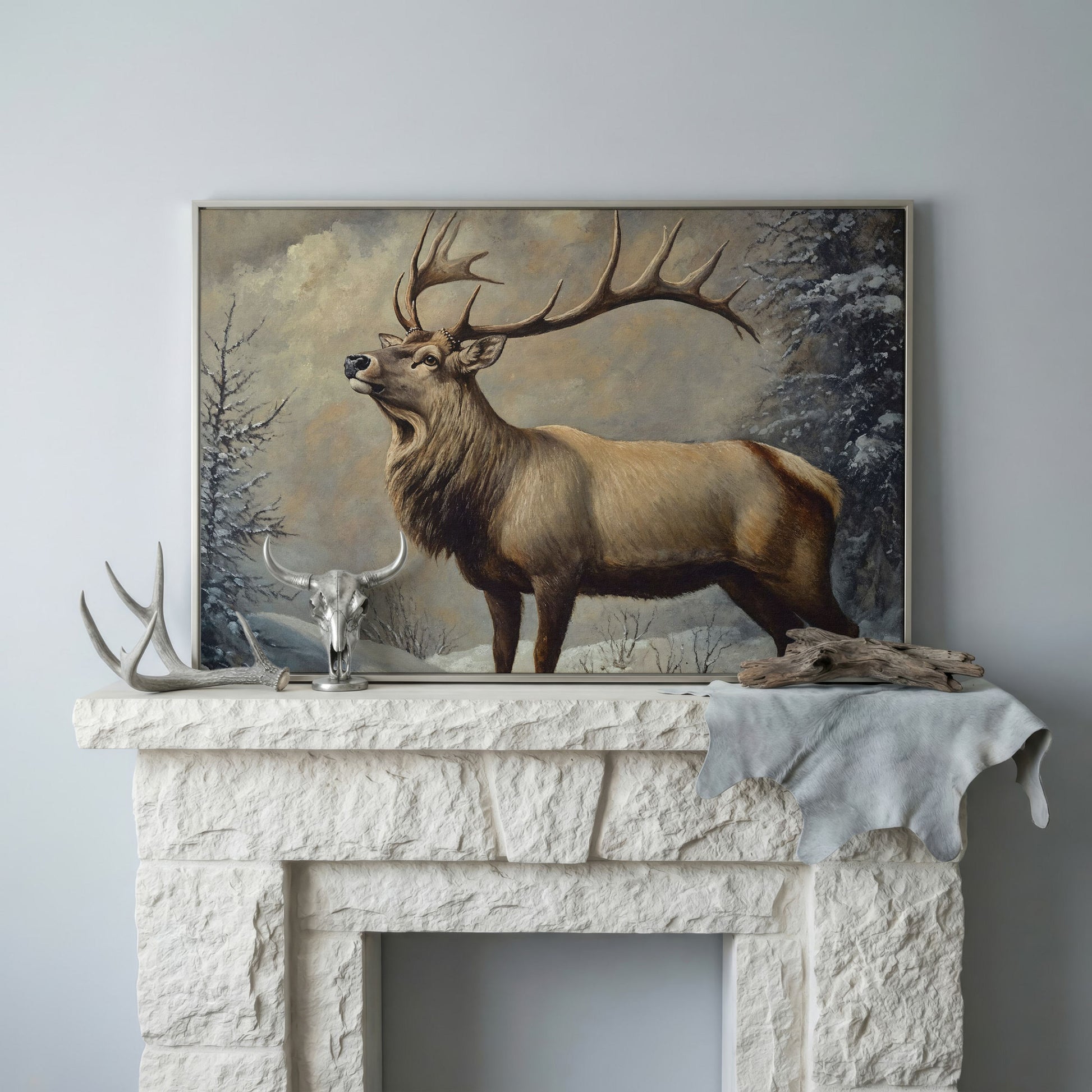 Bull Elk in Snow Canvas Wall Art, Wildlife Print for Cabin Decor in silver floating frame