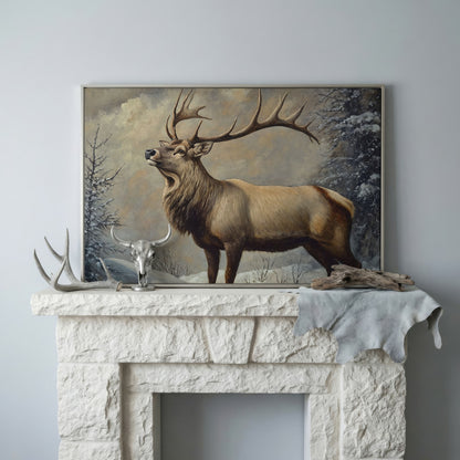 Bull Elk in Snow Canvas Wall Art, Wildlife Print for Cabin Decor in silver floating frame
