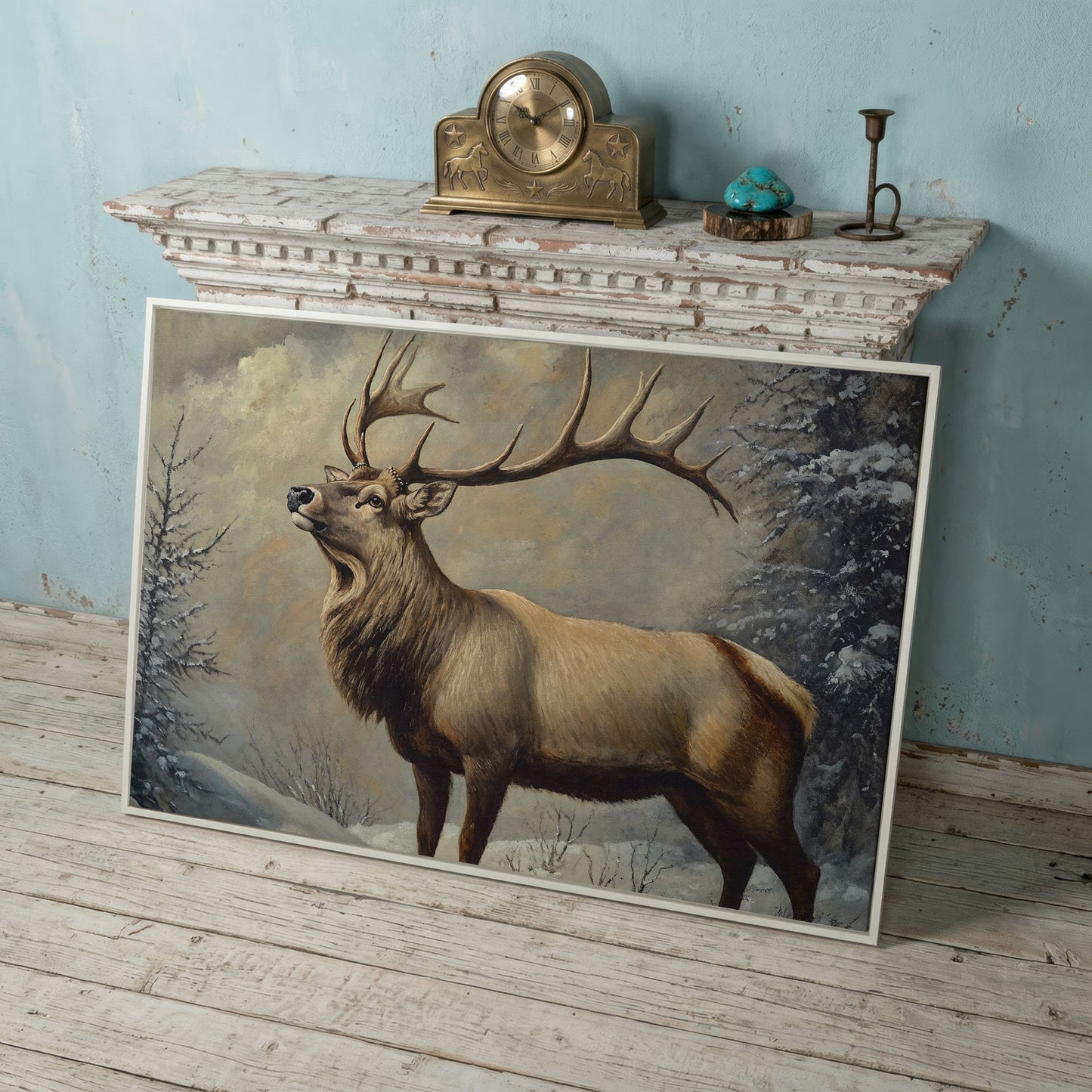 Bull Elk in Snow Canvas Wall Art, Wildlife Print for Cabin Decor in white floating frame