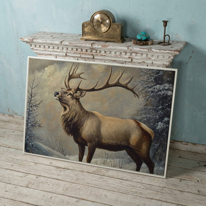 Bull Elk in Snow Canvas Wall Art, Wildlife Print for Cabin Decor in white floating frame