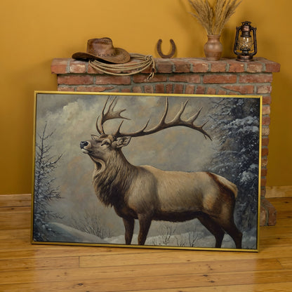 Bull Elk in Snow Canvas Wall Art, Wildlife Print for Cabin Decor in yellow gold floating frame