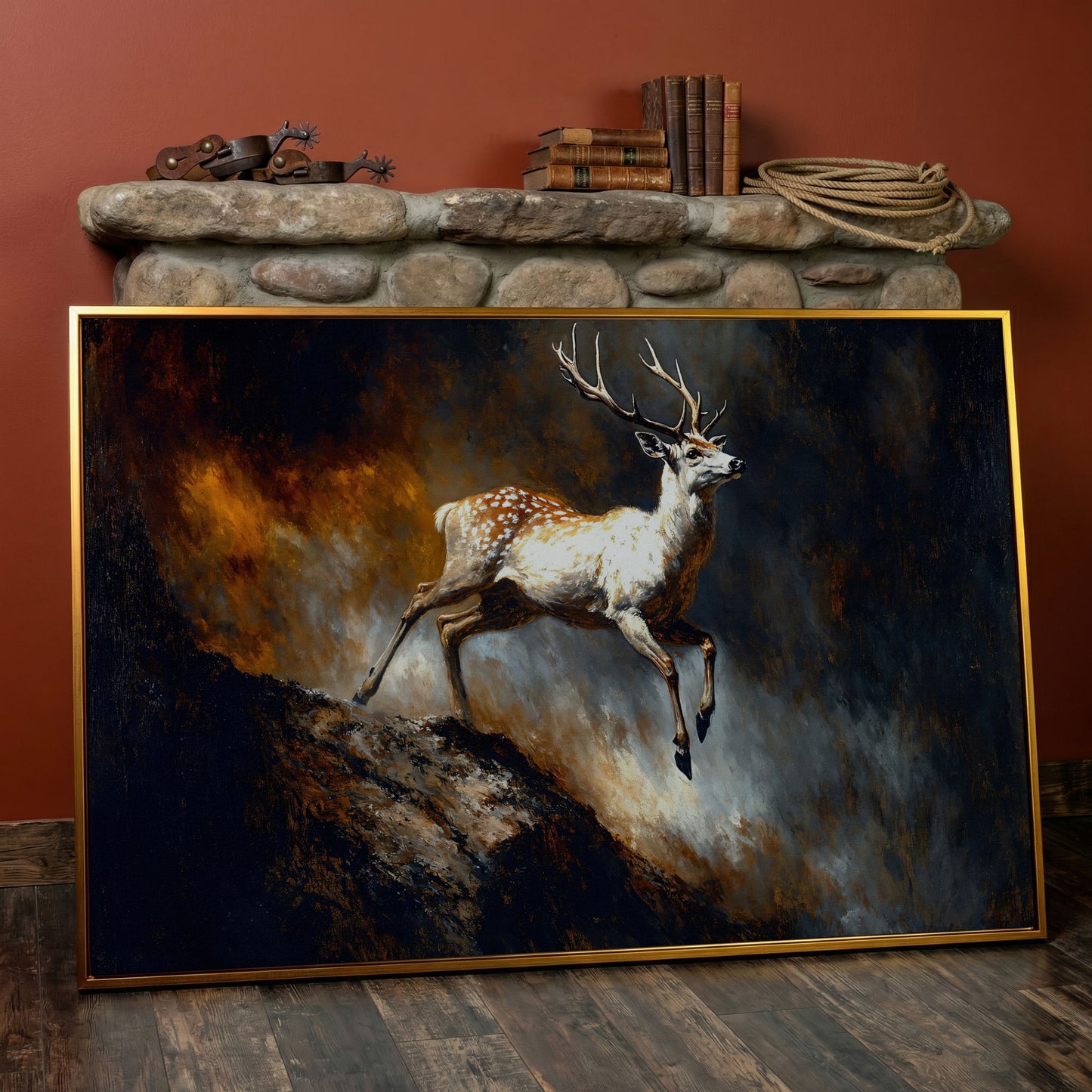 Leaping Fallow Deer Canvas Wall Art with Antlers, Abstract Background in antique gold floating frame