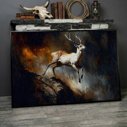 Leaping Fallow Deer Canvas Wall Art with Antlers, Abstract Background in black floating frame