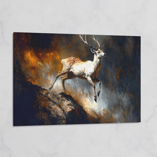 Leaping Fallow Deer Canvas Wall Art with Antlers, Abstract Background on gallery wrap