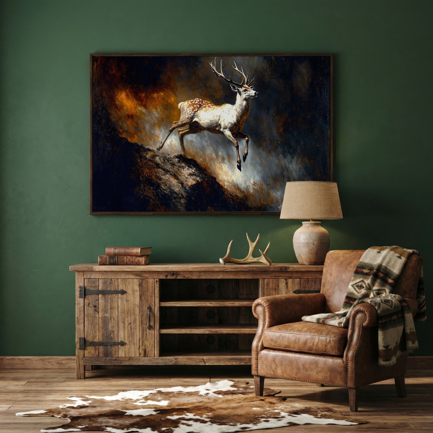 Leaping Fallow Deer Canvas Wall Art with Antlers, Abstract Background in dark walnut floating frame