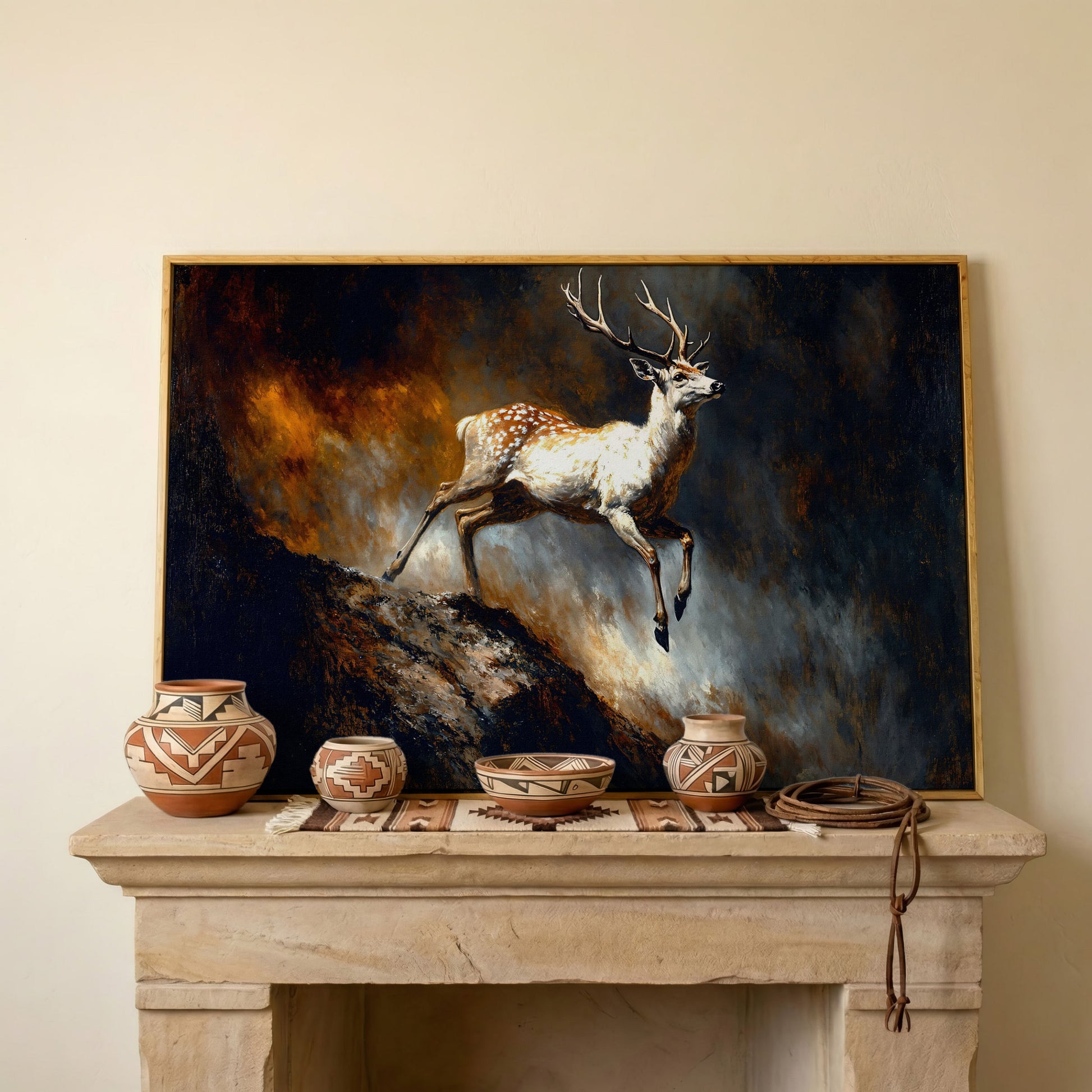 Leaping Fallow Deer Canvas Wall Art with Antlers, Abstract Background in white oak floating frame