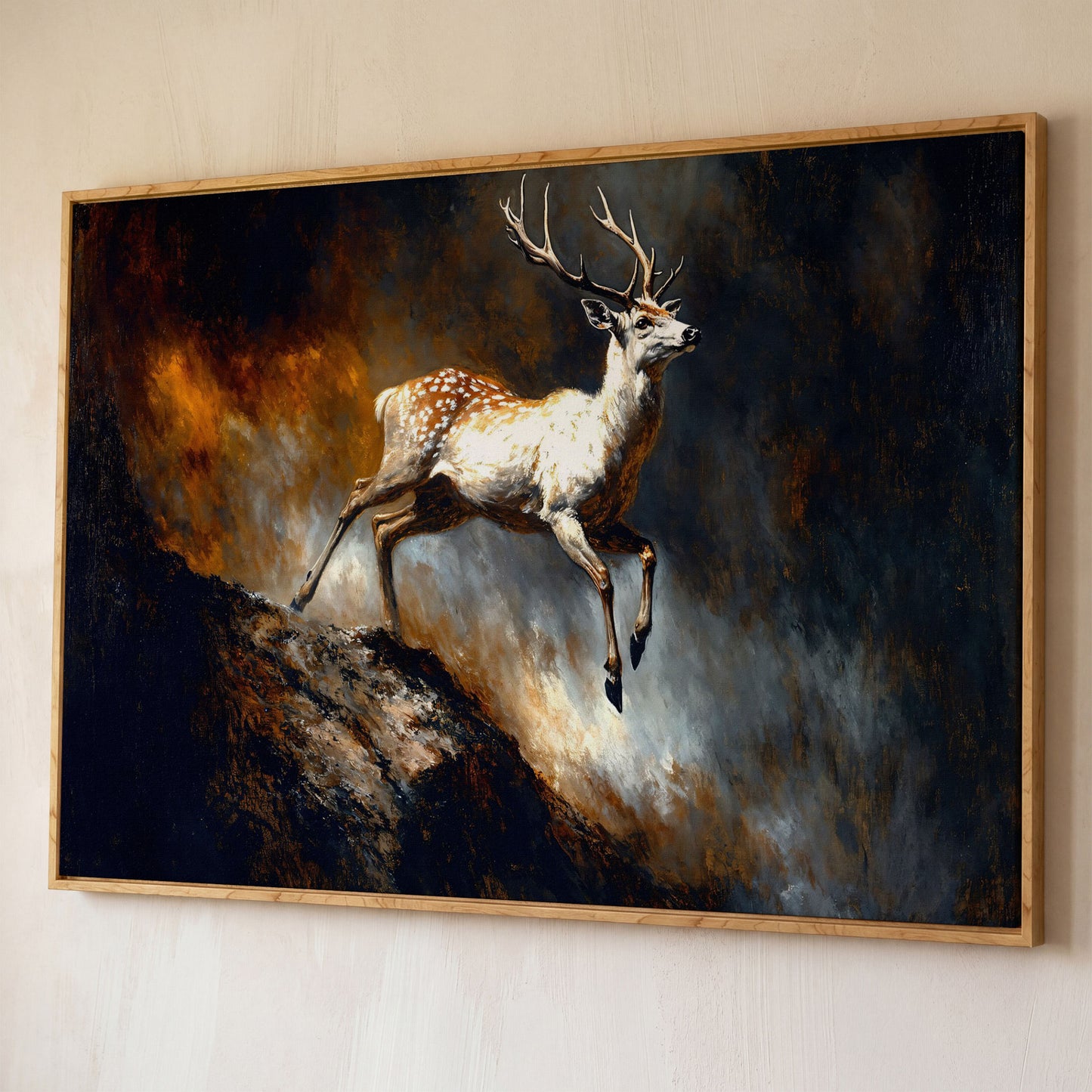 Leaping Fallow Deer Canvas Wall Art with Antlers, Abstract Background shown in white oak floating frame