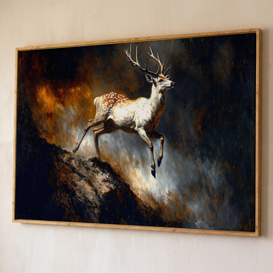 Leaping Fallow Deer Canvas Wall Art with Antlers, Abstract Background shown in white oak floating frame