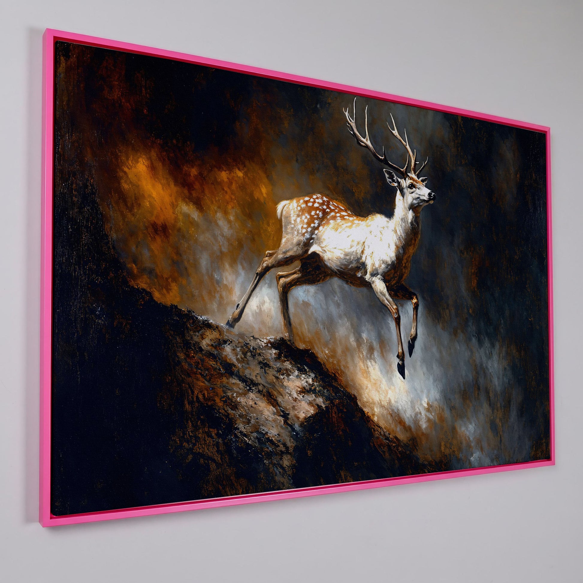 Leaping Fallow Deer Canvas Wall Art with Antlers, Abstract Background in pink floating frame
