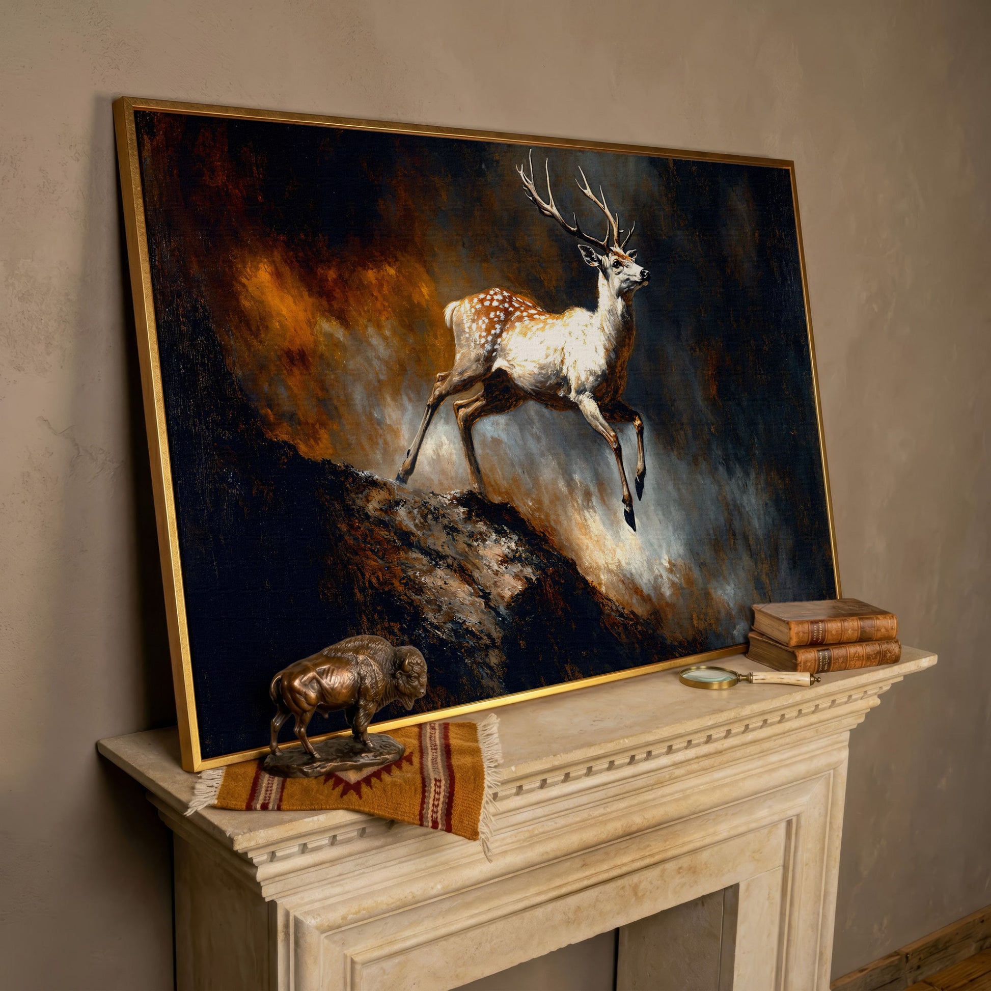 Leaping Fallow Deer Canvas Wall Art with Antlers, Abstract Background in rose gold floating frame