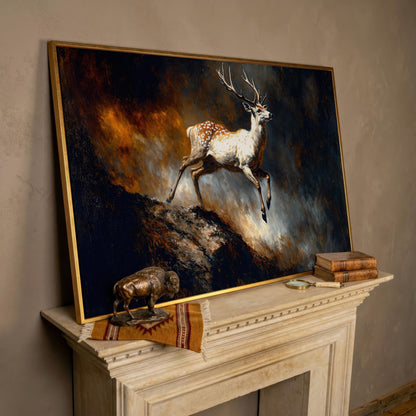 Leaping Fallow Deer Canvas Wall Art with Antlers, Abstract Background in rose gold floating frame