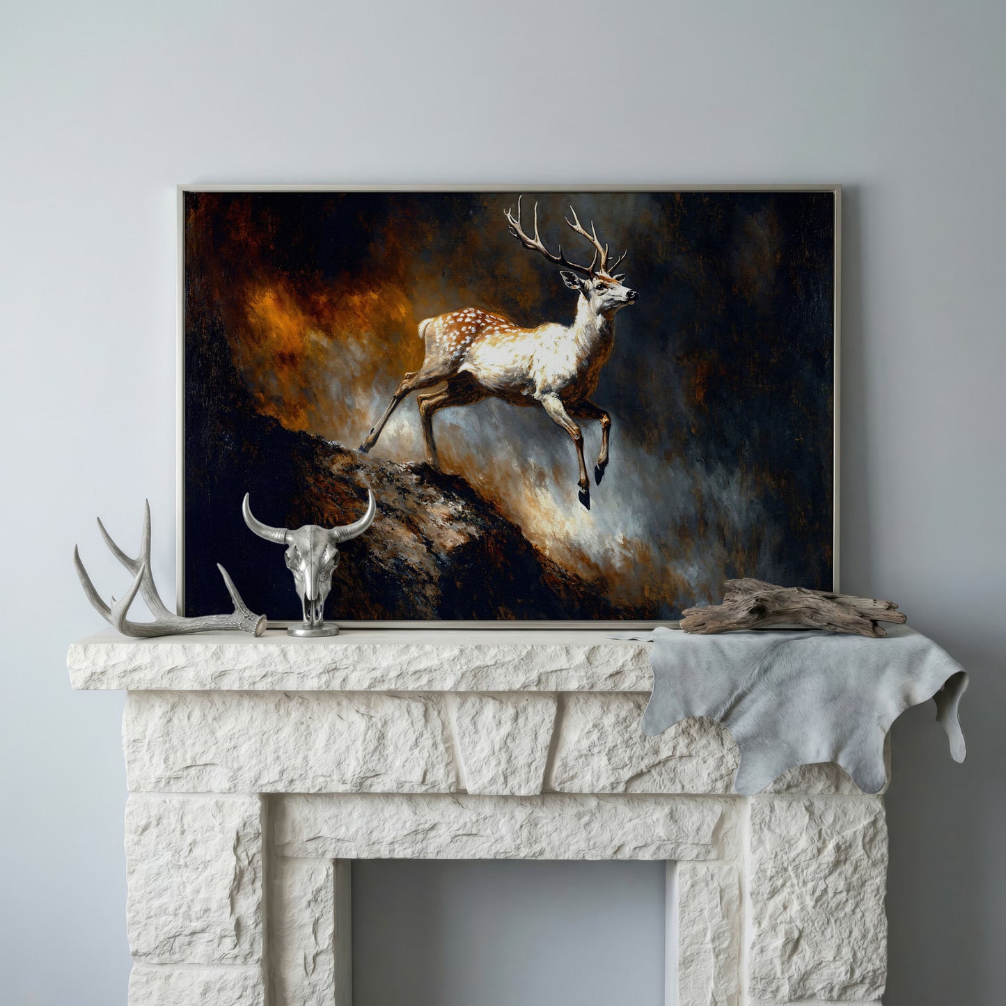 Leaping Fallow Deer Canvas Wall Art with Antlers, Abstract Background in silver floating frame