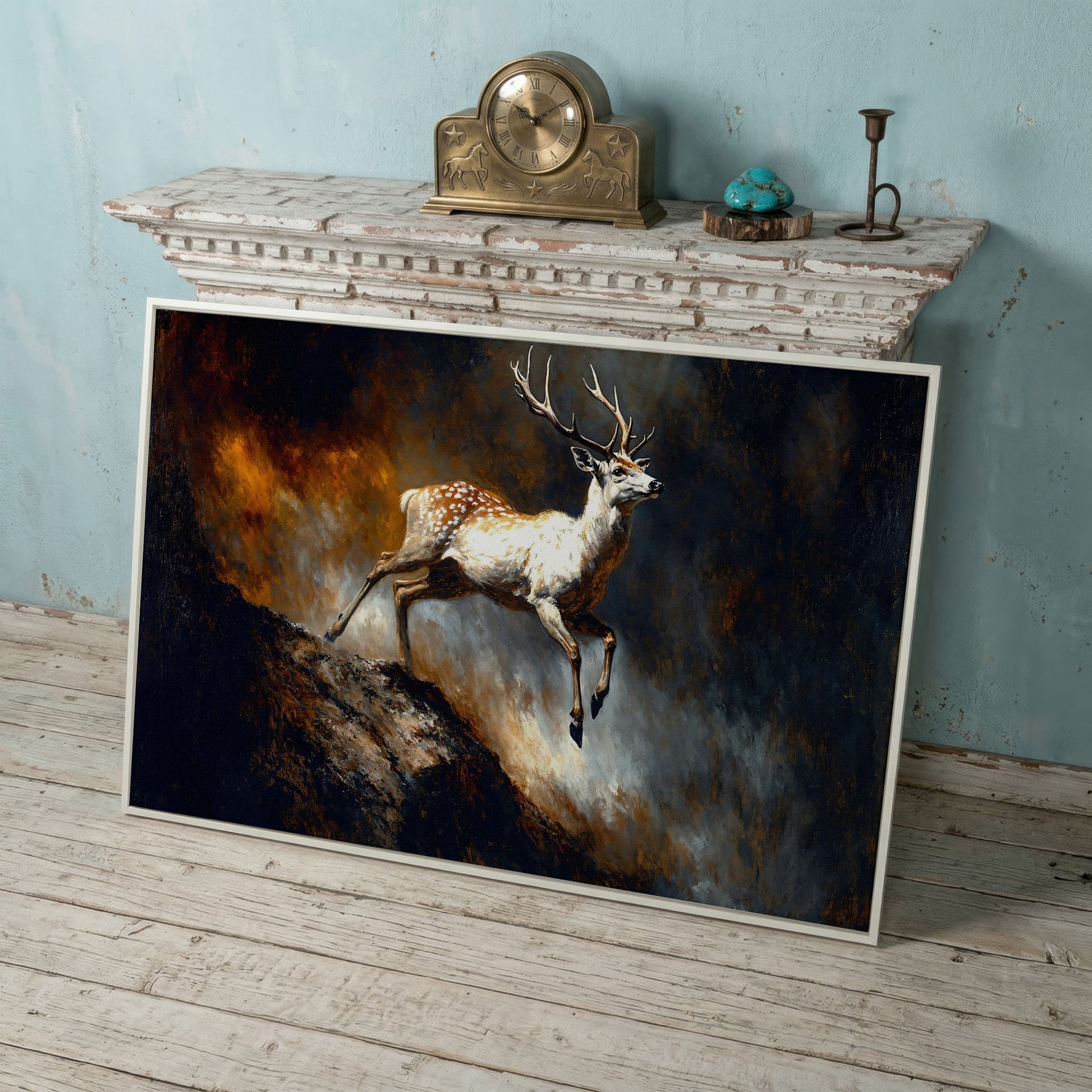 Leaping Fallow Deer Canvas Wall Art with Antlers, Abstract Background in white floating frame