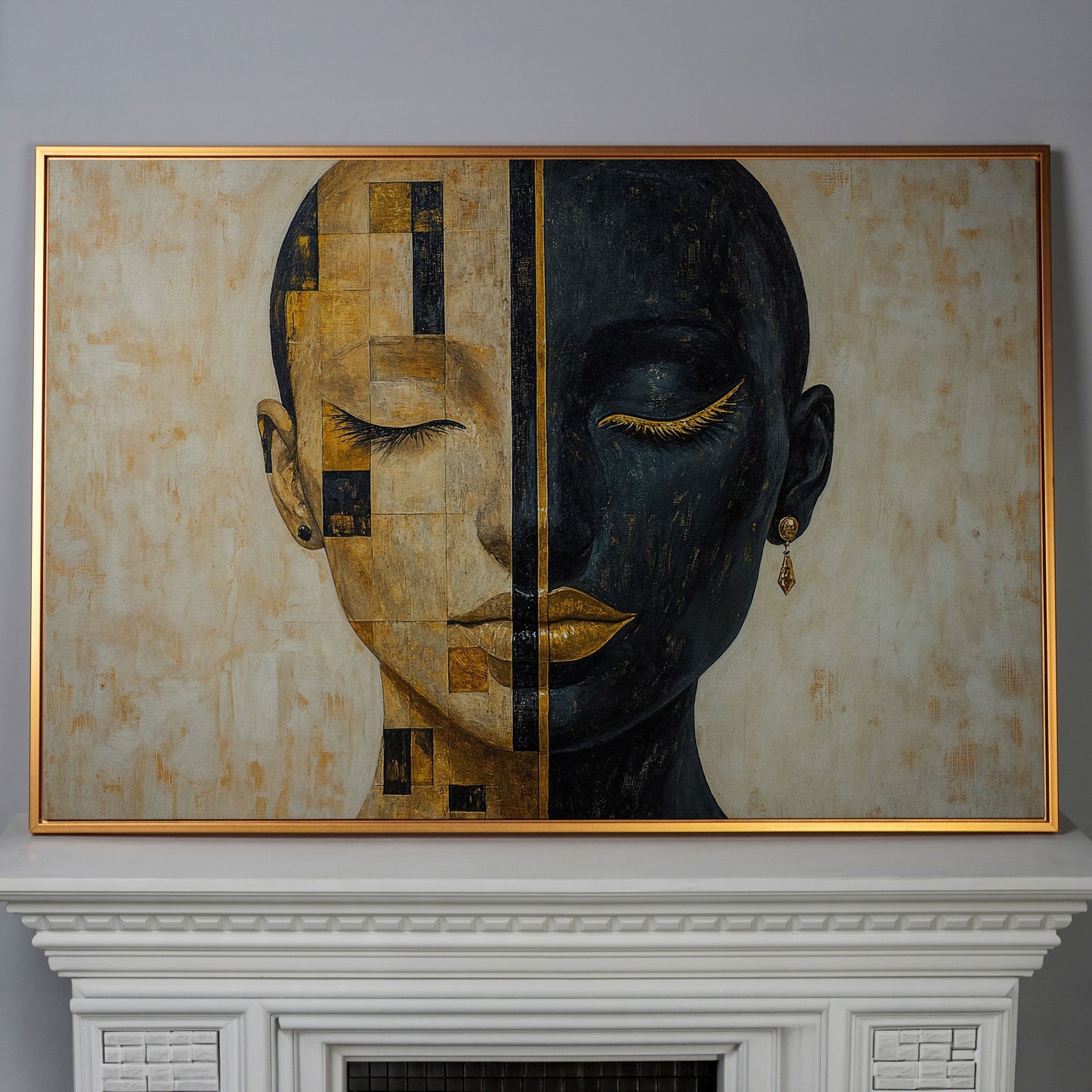 Split Portrait: Abstract Woman Canvas Wall Art in antique gold floating frame
