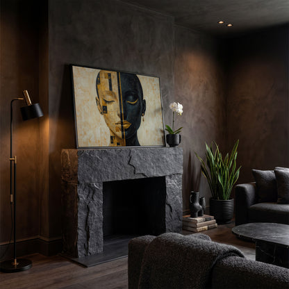 Split Portrait: Abstract Woman Canvas Wall Art in black floating frame