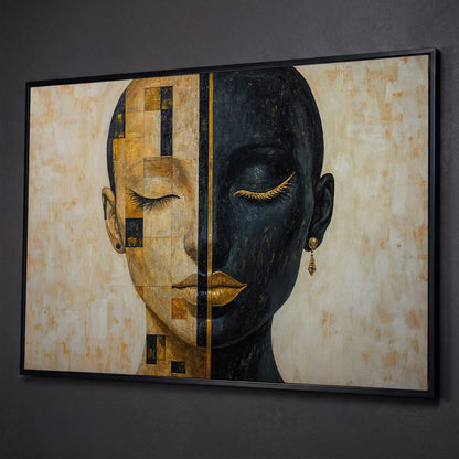 Split Portrait: Abstract Woman Canvas Wall Art shown in black floating frame
