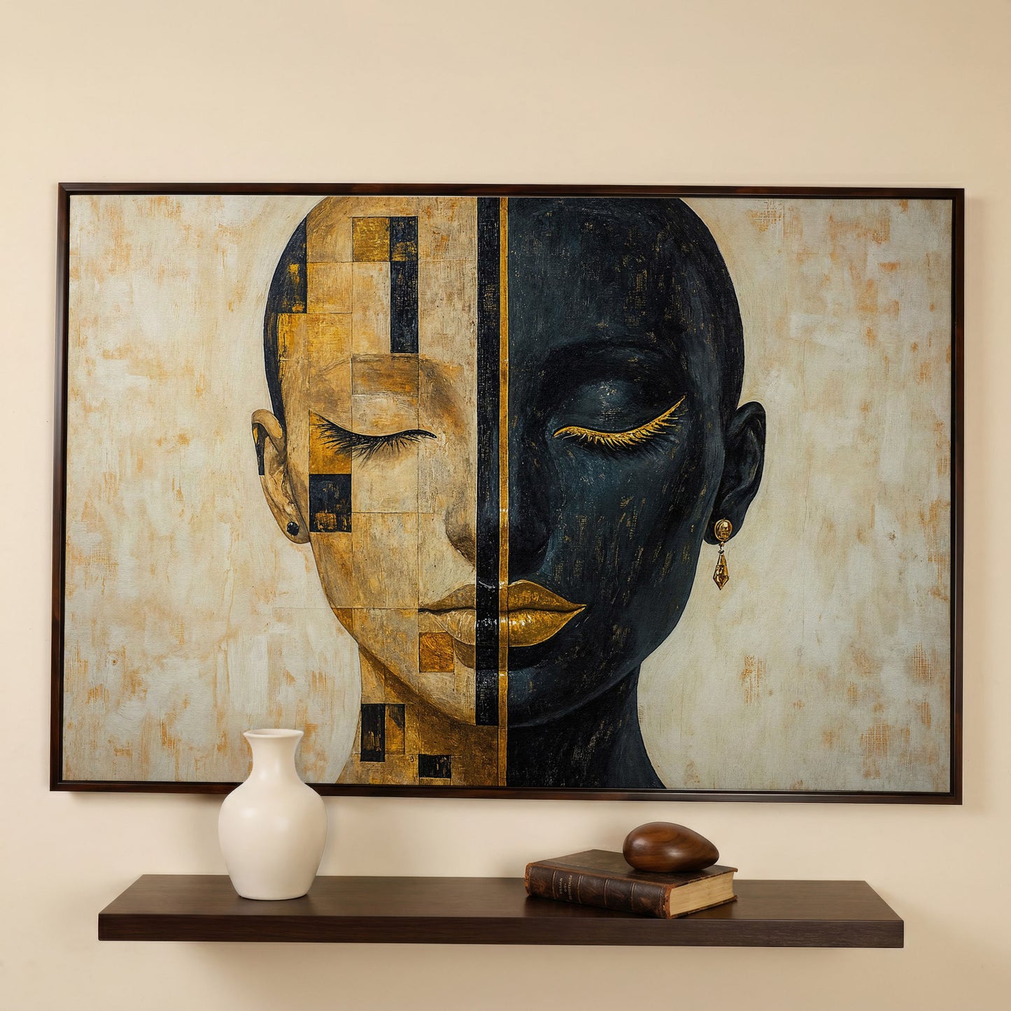 Split Portrait: Abstract Woman Canvas Wall Art in dark walnut floating frame