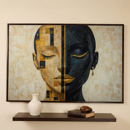 Split Portrait: Abstract Woman Canvas Wall Art in dark walnut floating frame