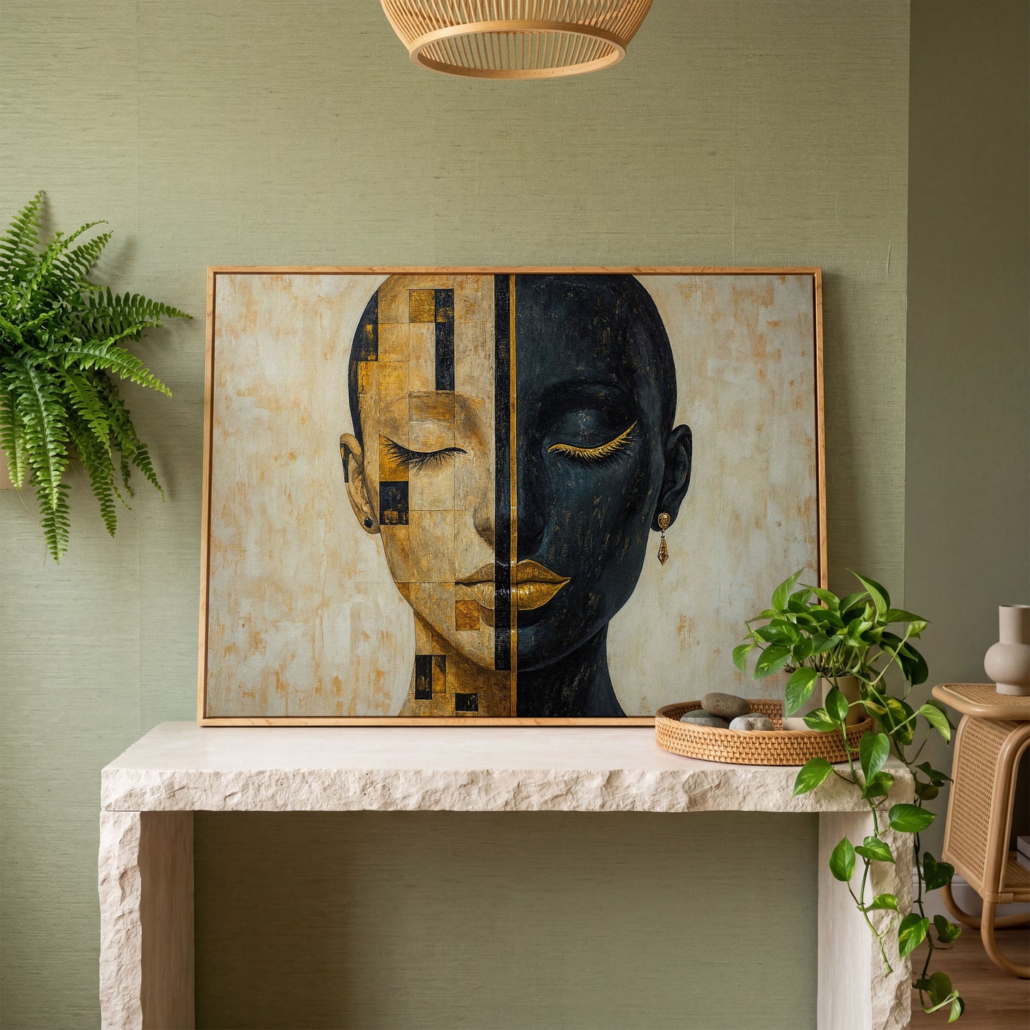 Split Portrait: Abstract Woman Canvas Wall Art in white oak floating frame