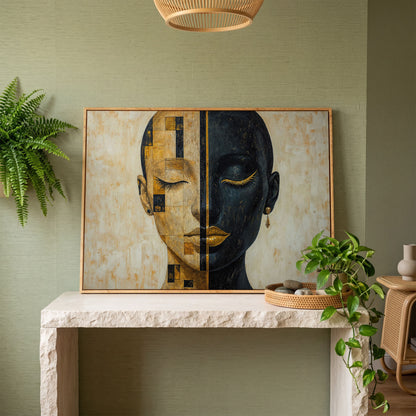 Split Portrait: Abstract Woman Canvas Wall Art in white oak floating frame