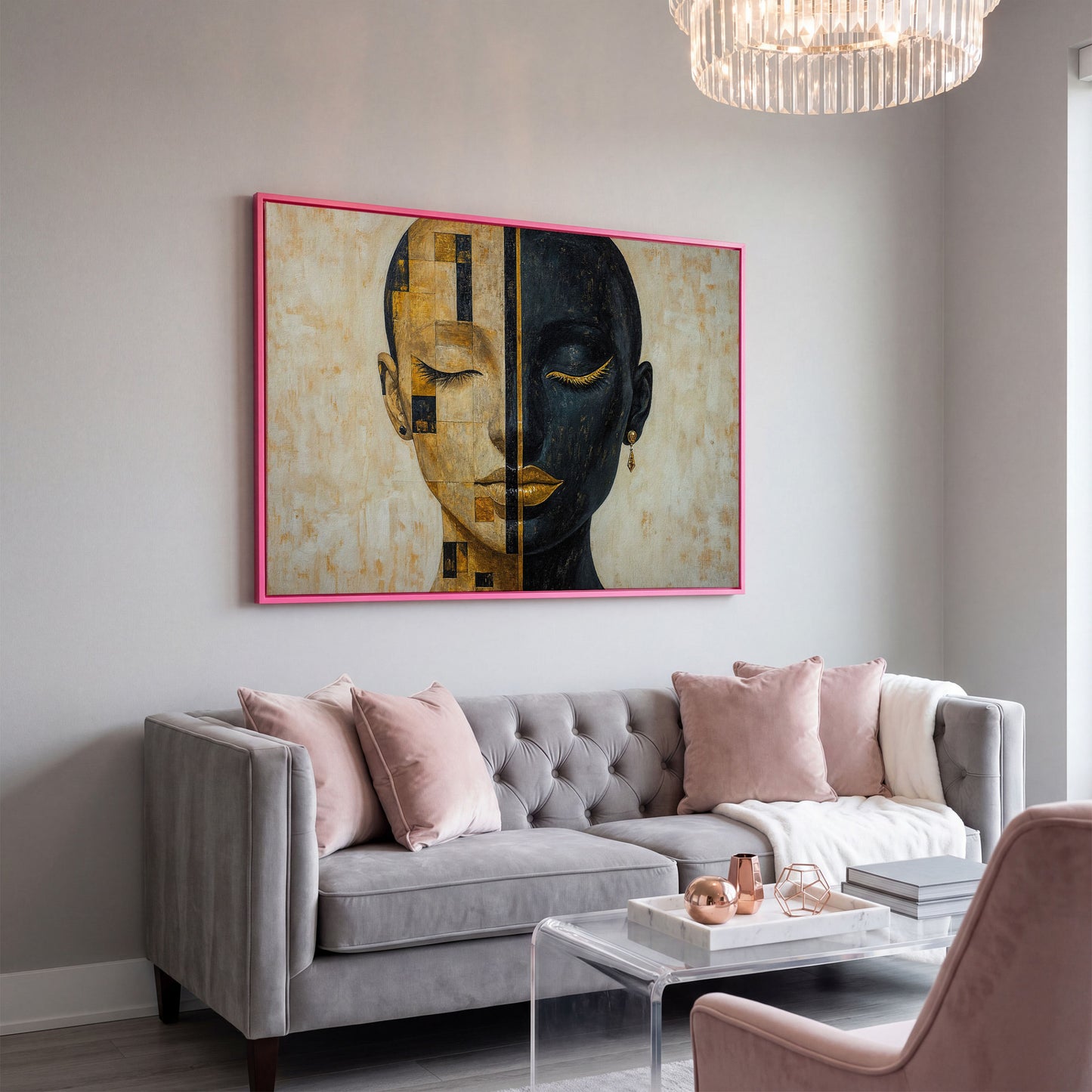 Split Portrait: Abstract Woman Canvas Wall Art in pink floating frame